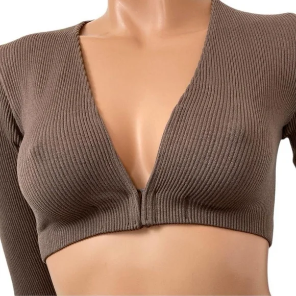 Zara Brown Ribbed Micro Crop Top Long Sleeve XS Twilightcore Earthy Grunge - Picture 2 of 8